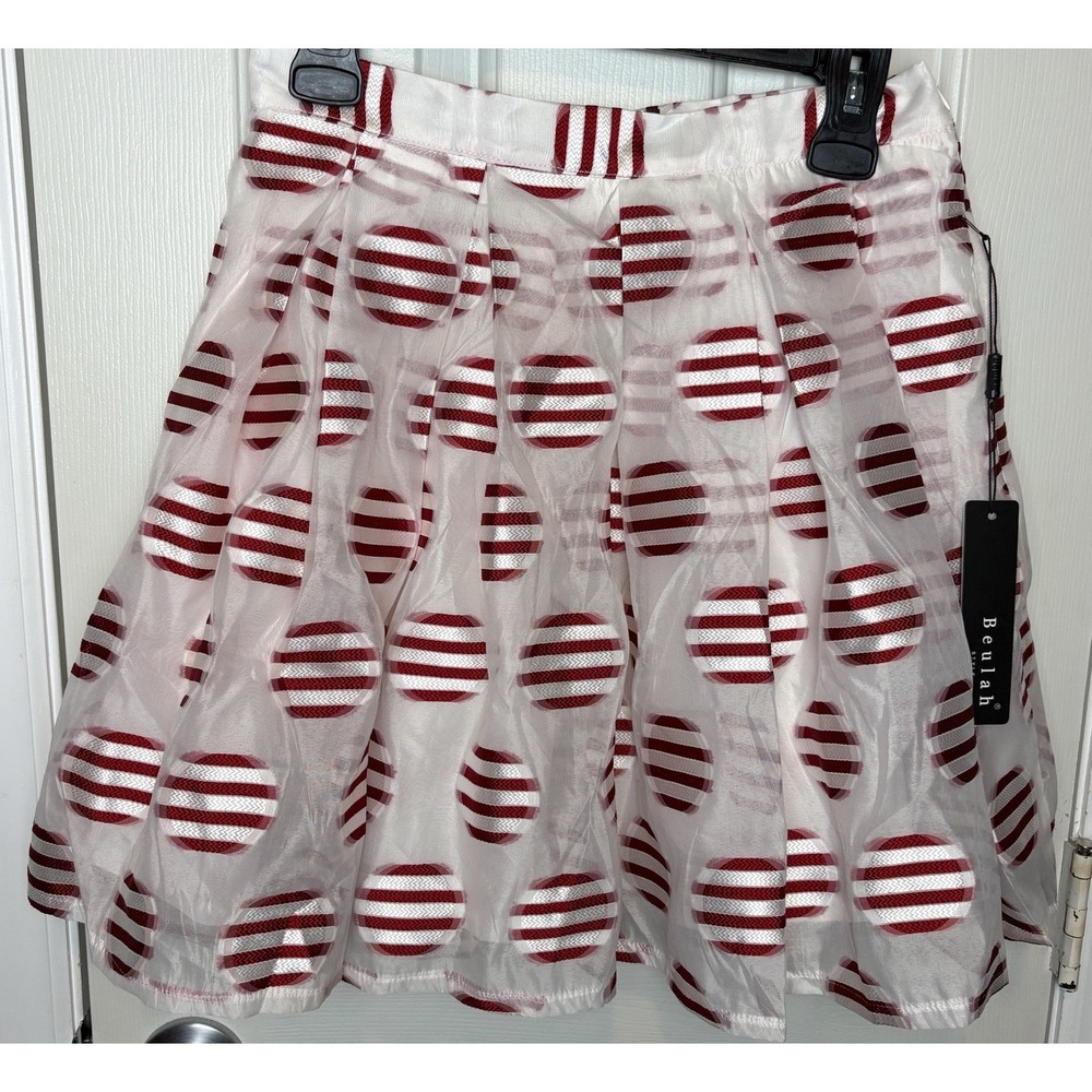 Beulah Style High Waisted Red/White Polka Dot Stripe Embellished Skirt, Sz M NWT